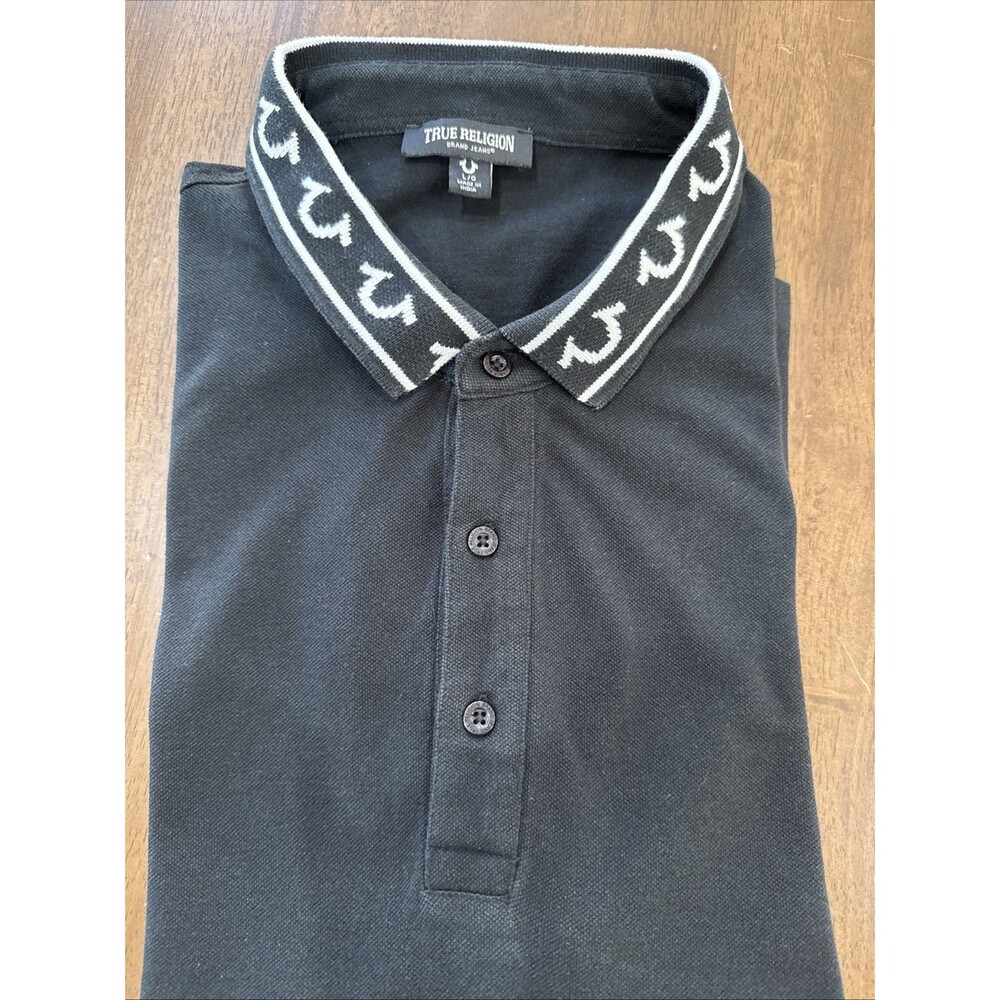True Religion Relaxed Polo Black Branded Collar Embroidered Logo Men’s Size L